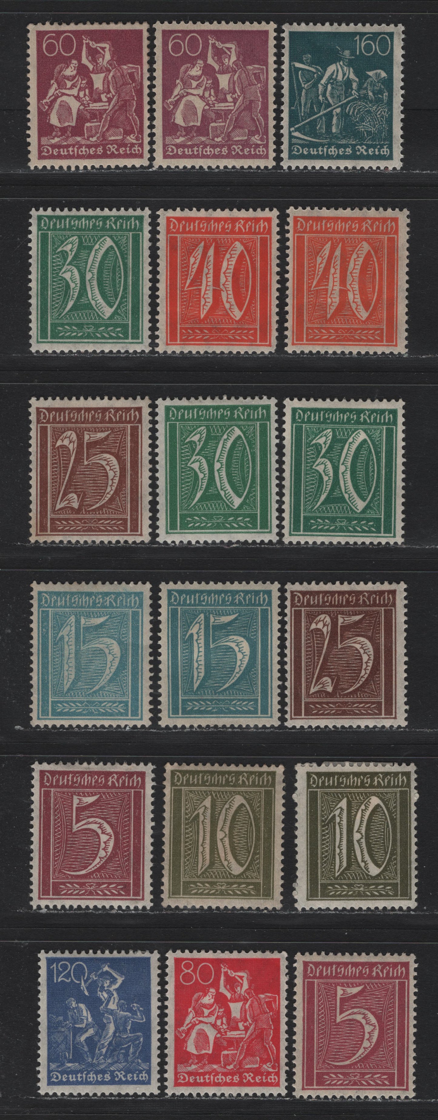 Lot 62 Germany SC#137-142, 144-145, 147, 149 (158/170) 5pf - 160pf Claret - Slate Green , 1921 Numeral, Farmers, Iron Workers & Miners Issue, 18 F/VFOG Singles, Lozenges Wmk, Unlisted Shades