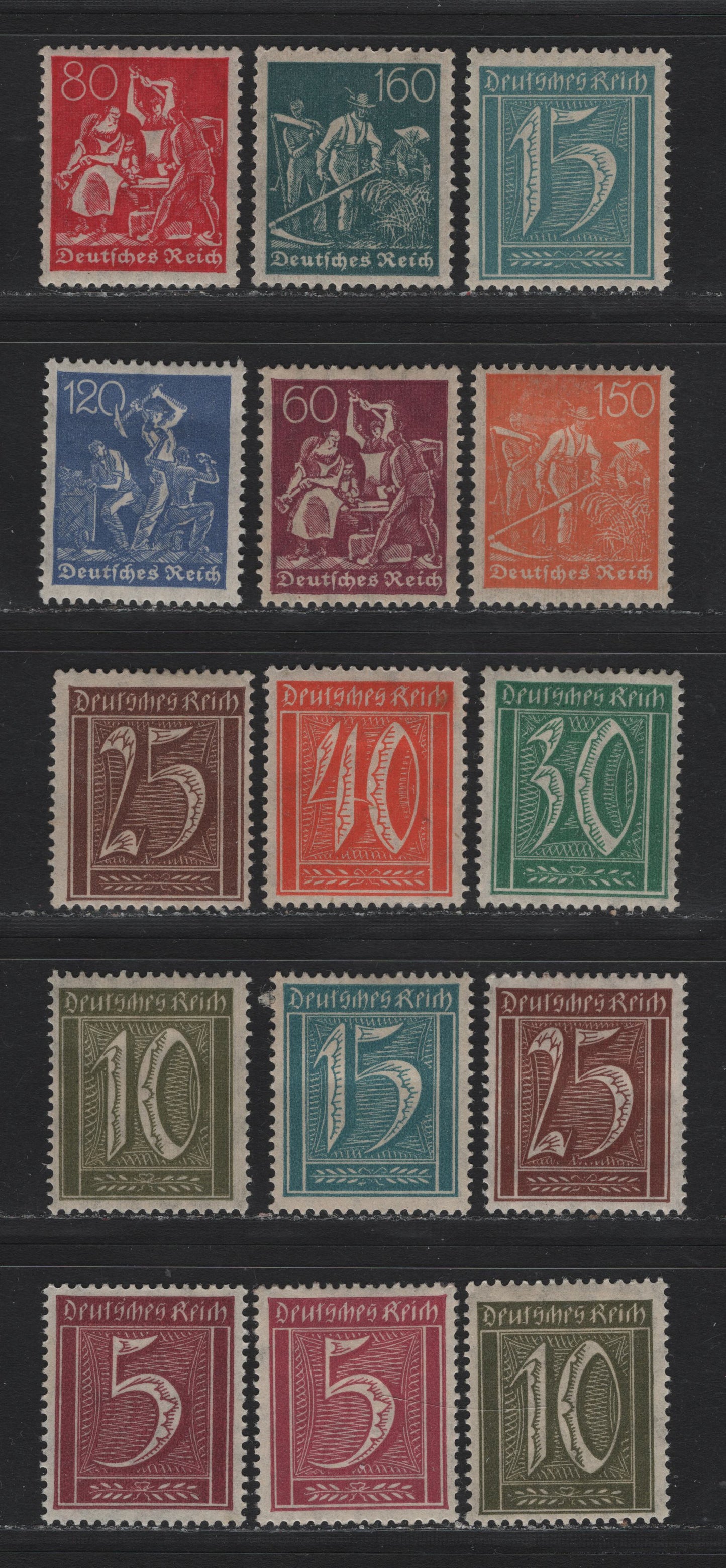 Lot 63 Germany SC#137-142, 144-145, 147-149 (158/170) 5pf - 160pf Claret - Slate Green , 1921 Numeral, Farmers, Iron Workers & Miners Issue, 15 F/VFOG Singles, Lozenges Wmk, Extra Shades of 5pf, 10pf, 15pf & 25pf