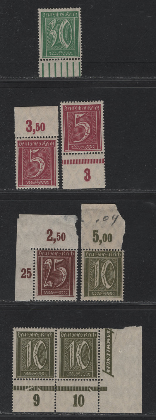 Lot 64 Germany SC#137-141 (158POR, 159aPOR, 161POR, 162POR) 5pf - 25pf Claret - Brownish Red , 1921 Numeral, Farmers, Iron Workers & Miners Issue, 6 F/VFNH Sheet Margin Singles & Pair