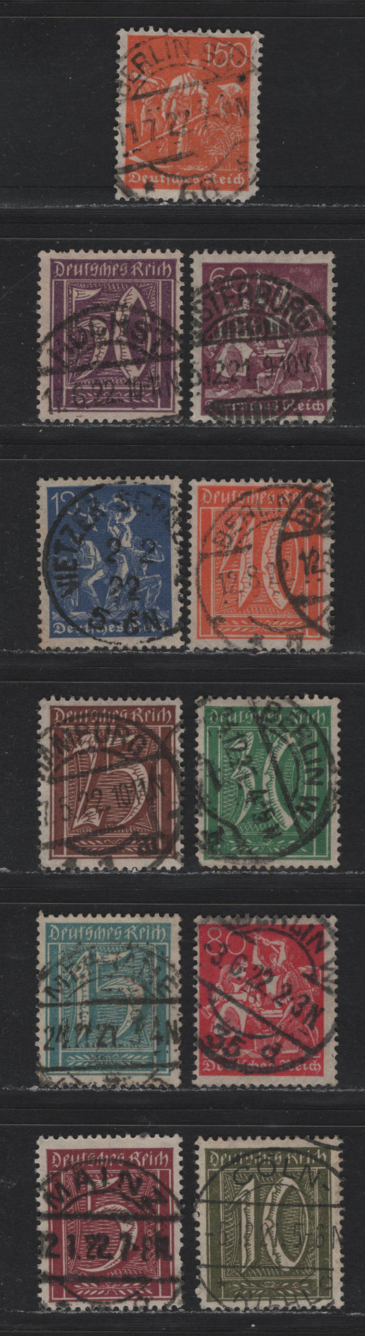 Lot 65 Germany SC#137/148 (158/169) 5pf - 150pf Claret - Orange , 1921 Numeral, Farmers, Iron Workers & Miners Issue, 11 Fine/Very Fine Used Singles, Postally Used Examples, SON 1922 Dated Town Cancels