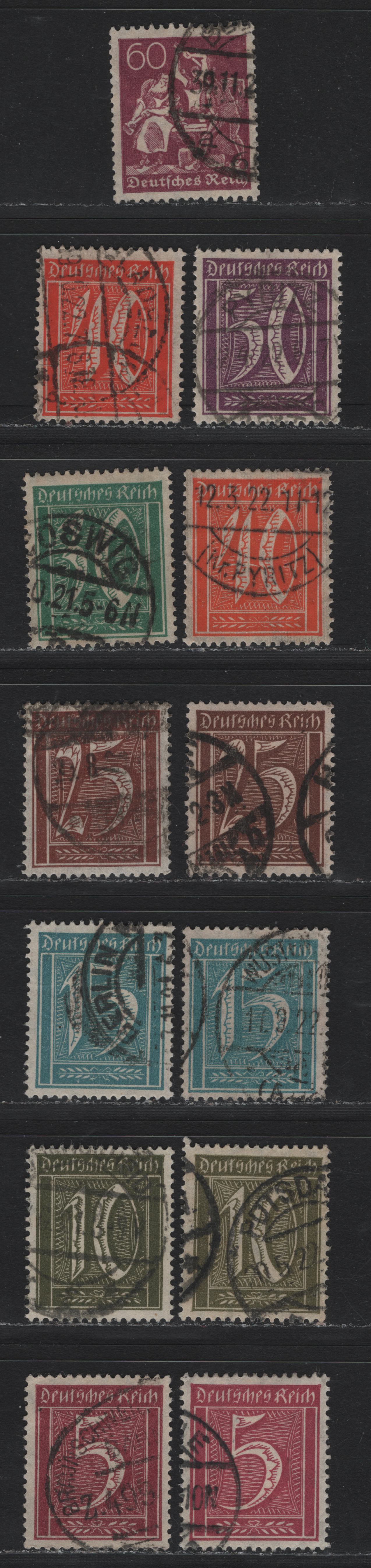 Lot 66 Germany SC#137/144 (158/165) 5pf - 60pf Claret - Red Violet , 1921 Numeral, Farmers, Iron Workers & Miners Issue, 13 Very Fine Used Singles, Postally Used Examples, Extra Shade Varieties Of 5pf, 10pf, 15pf, 25pf & 40pf