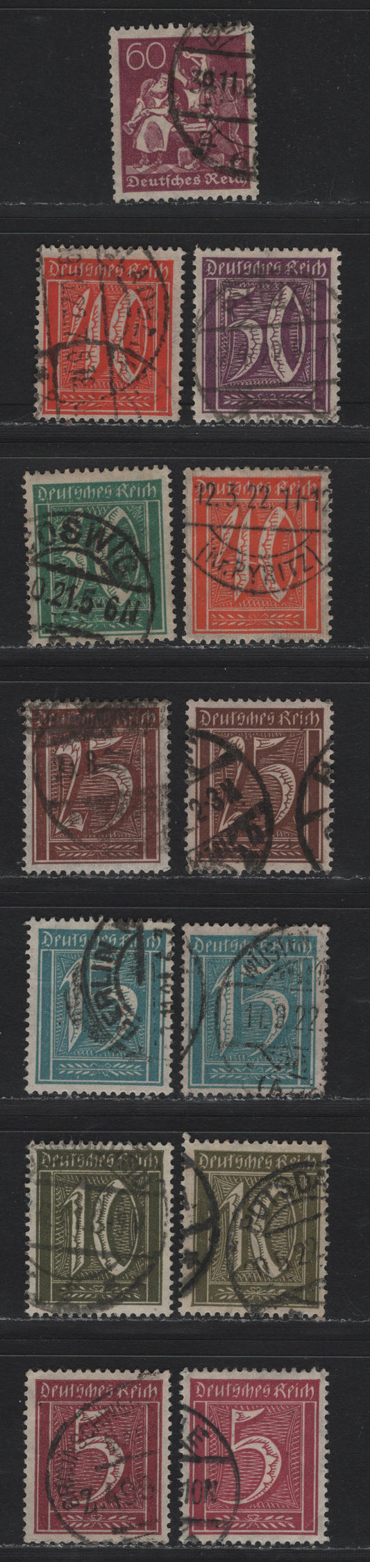 Lot 66 Germany SC#137/144 (158/165) 5pf - 60pf Claret - Red Violet , 1921 Numeral, Farmers, Iron Workers & Miners Issue, 13 Very Fine Used Singles, Postally Used Examples, Extra Shade Varieties Of 5pf, 10pf, 15pf, 25pf & 40pf