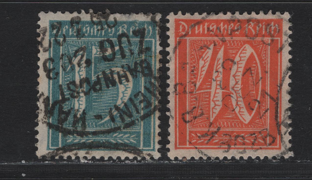 Lot 67 Germany SC#139, 142 (160, 163) 15pf - 40pf Greenish Blue - Red Orange , 1921 Numeral, Farmers, Iron Workers & Miners Issue, 2 Fine/Very Fine Used Singles, Bahn Post (Railway) Cancels, Dated December 29, 1921 & March 25, 1922