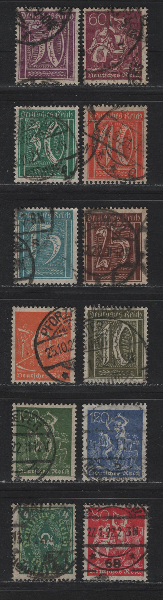 Lot 68 Germany SC#138/152 (159a/173) 10pf - 4pf Olive Green - Deep Green & Yellow Green , 1921 Numeral, Farmers, Iron Workers & Miners Issue, 11 Fine/Very Fine Used Singles, Postally Used Examples