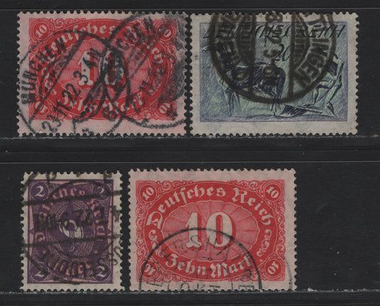 Lot 69 Germany SC#150, 154-155 (171, 175, 176a) 2m - 20m Deep Violet & Rose - Indigo & Green , 1921 Numeral, Farmers, Iron Workers & Miners Issue, 4 Fine Used Singles, Postally Used Examples, Includes 2 Shades Of 10m