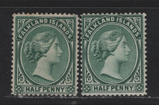 Lot 7 Falkland Islands SG#15-16 1/2d Blue Green & Green , 1891-1902 Queen Victoria Sideface Issue, 2 FOG Single, Bradbury Wilkinson Printing, Crown CA Wmk