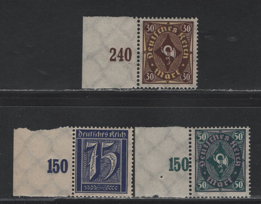 Lot 72 Germany SC#170, 1863-184 (185m 208P, 209P) 75pf - 30m Deep Ultramarine - Lively Brown Purple , 1921-1922 Numeral, Worker & Post Horn Issue, 3 F/VFNH Singles, Flat Plate Printings From Left Margin Of The Sheet, Showing Counting Numbers