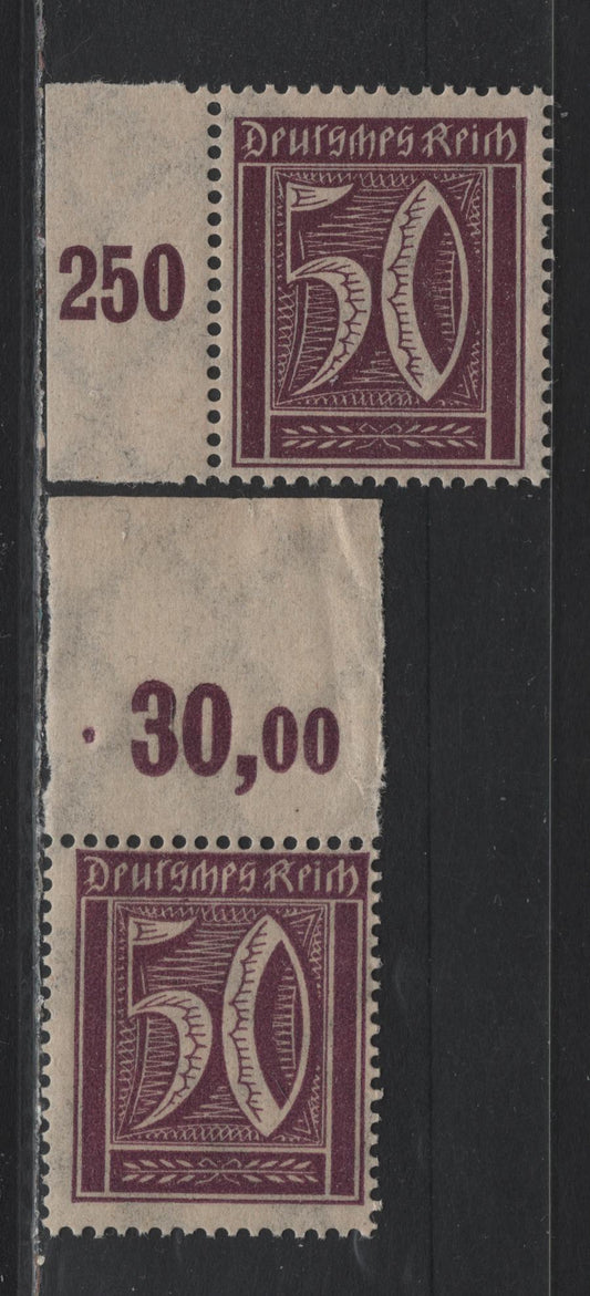 Lot 74 Germany SC#167 (183b, 183bPOR) 50pf Blackish Violet Brown , 1921-1922 Numeral, Worker & Post Horn Issue, 2 FNH Singles, Flat Plate Printing, Top Sheet Margin Example With Value Counter & Left Sheet Margin Single With Value Counter