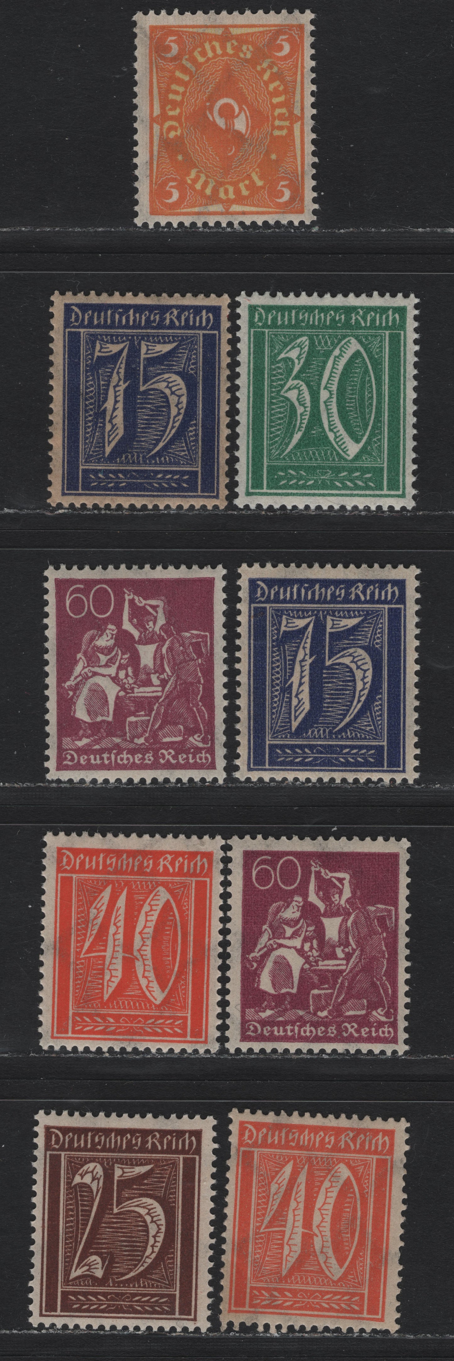 Lot 79 Germany SC#166, 168, 170, 172, 175, 177 (182/191) 25pf - 5m Dark Brown - Orange & Yellow , 1921-1922 Numeral, Worker & Post Horn Issue, 9 VFNH Singles, Network Wmk, Extra Shades Of 40pf, 60pf & 75pf