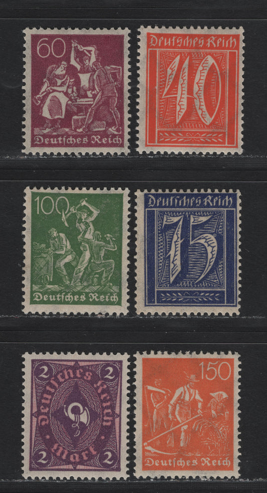 Lot 80 Germany SC#184 (209WA, 209WB) 40pf - 2m Red Orange - Violet & Rose , 1921-1922 Numeral, Worker & Post Horn Issue, 6 F/VFNH Singles