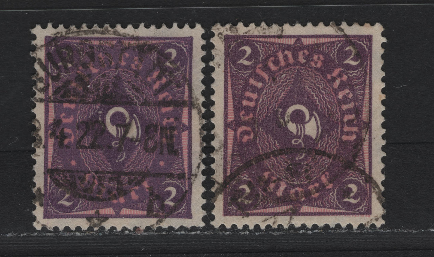 Lot 83 Germany SC#177&var (191&var) 2m Violet & Rose - Brown Violet & Rose , 1921-1922 Numeral, Worker & Post Horn Issue, 2 Very Fine Used Singles, One Shows Rose Printed On Violet, While The Normal Stamp Has Violet Printed On Rose