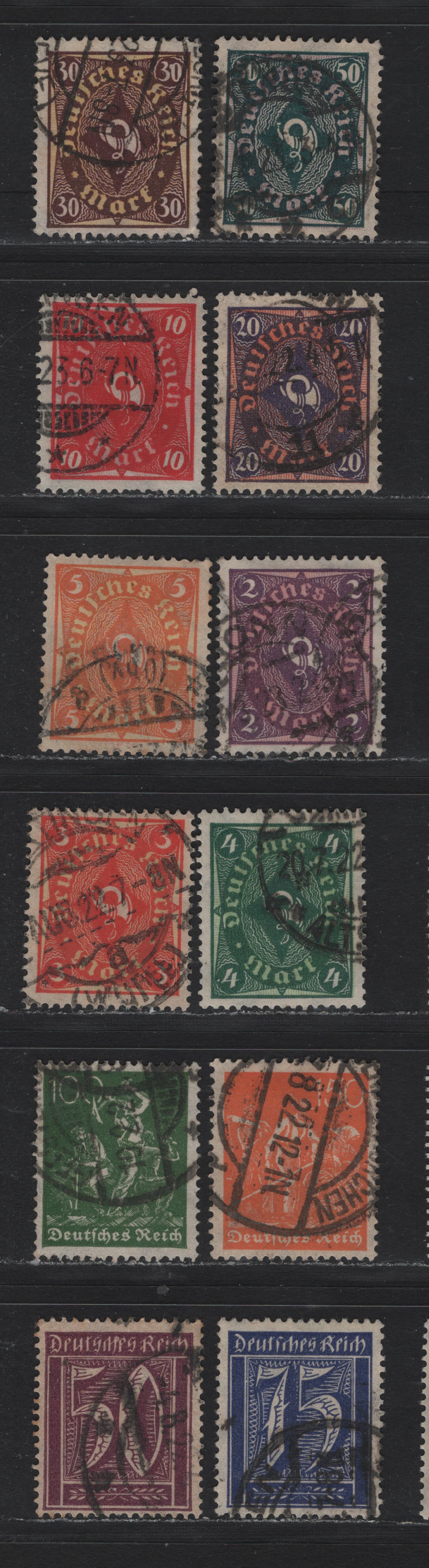 Lot 85 Germany SC#167/184 (183a/193, 205w, 206w, 208p, 207w) 50pf - 50m Violet - Dark Bluish Gray Green & Pale Brown Purple , 1921-1922 Numeral, Worker & Post Horn Issue, 12 Fine/Very Fine Used Singles, Postally Used Examples, SON Town Cancels
