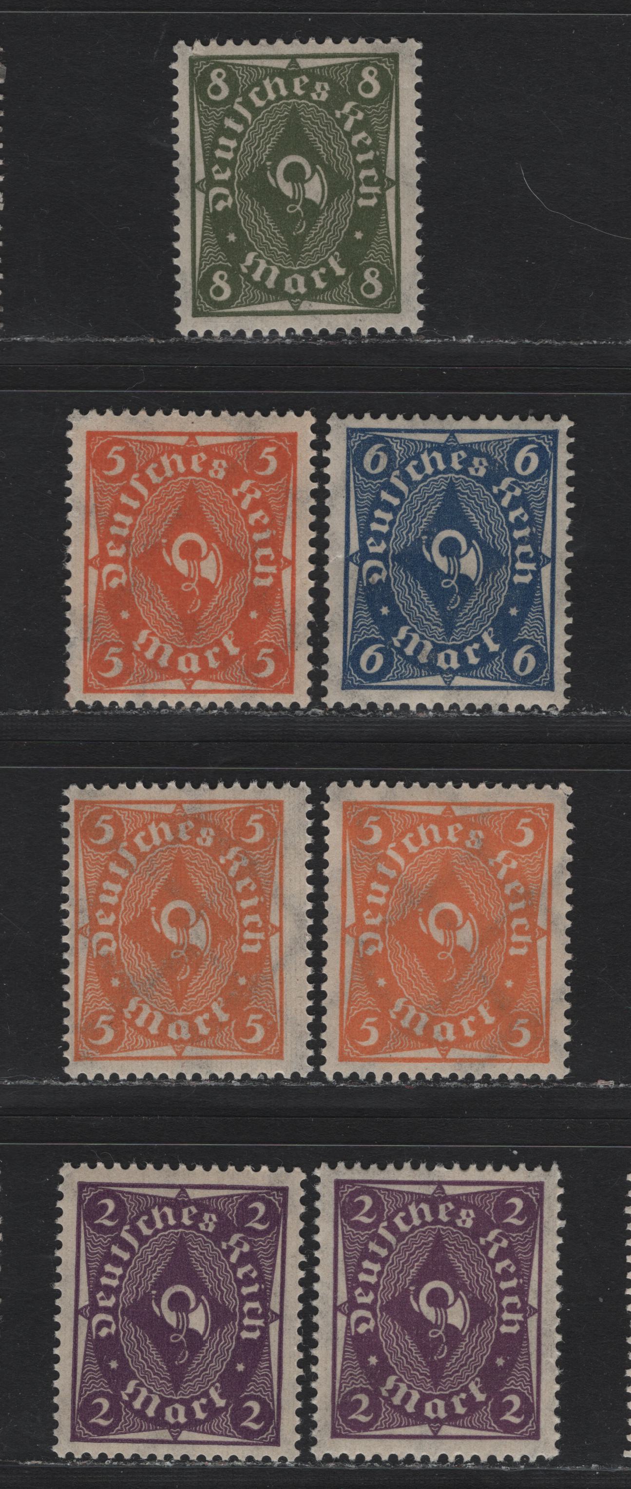 Lot 86 Germany SC#185,b, 188-189, 190a (224a, 227a-b, 228p, 229w) 2m - 8m Blue Violet - Blackish Olive , 1921-1922 Numeral, Worker & Post Horn Issue, 7 F/VFNH Singles, Flate Plate & Rotary Press Printings
