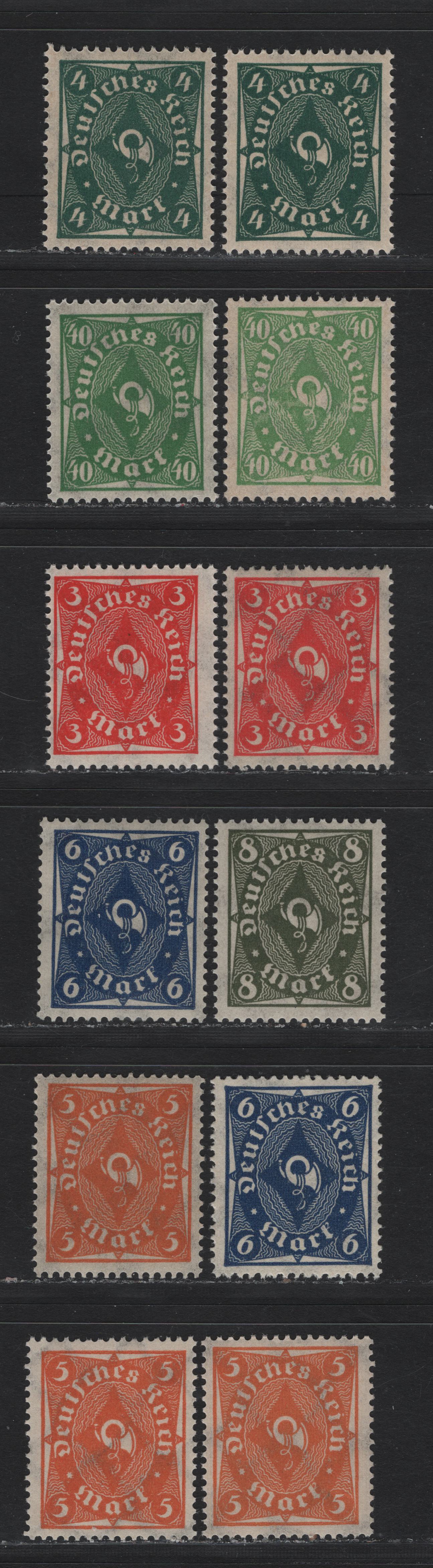 Lot 87 Germany SC#186-190, 193 (225, 226a, 227a, 228p, 229p, 232p,w) 3m - 40m Orange Red - Blackish Olive Green , 1921-1922 Numeral, Worker & Post Horn Issue, 12 F/VFNH Singles, Flate Plate & Rotary Press Printings, Different Shade