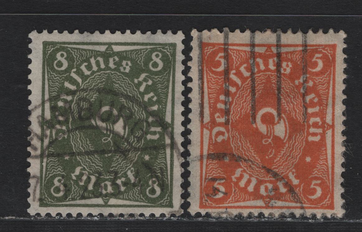 Lot 89 Germany SC#188, 190a (227b, 227w) 5m - 8m Blackish Orange - Blackish Olive , 1921-1922 Numeral, Worker & Post Horn Issue, 2 Fine/Very Fine Used Singles, Type II (Rotary Press), Machine Cancel On Blackish Orange, July 4 1923 Hamberg Cancel On 8m.