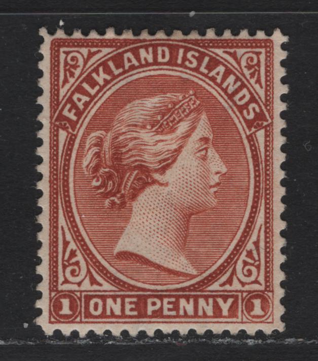 Lot 9 Falkland Islands SG#20c 1d Orange Brown , 1891-1902 Queen Victoria Sideface Issue, A VFOG Single, Reversed Wmk