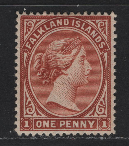 Lot 9 Falkland Islands SG#20c 1d Orange Brown , 1891-1902 Queen Victoria Sideface Issue, A VFOG Single, Reversed Wmk