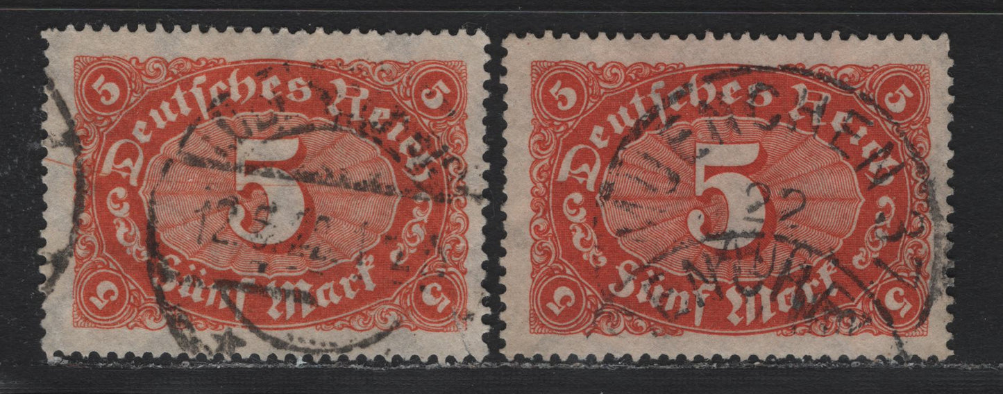 Lot 93 Germany SC#194,b (194a,c) 5m Reddish Orange & Red Orange , 1922-1923 Numeral Issue, 2 Fine/Very Fine Used Singles, Network Wmk