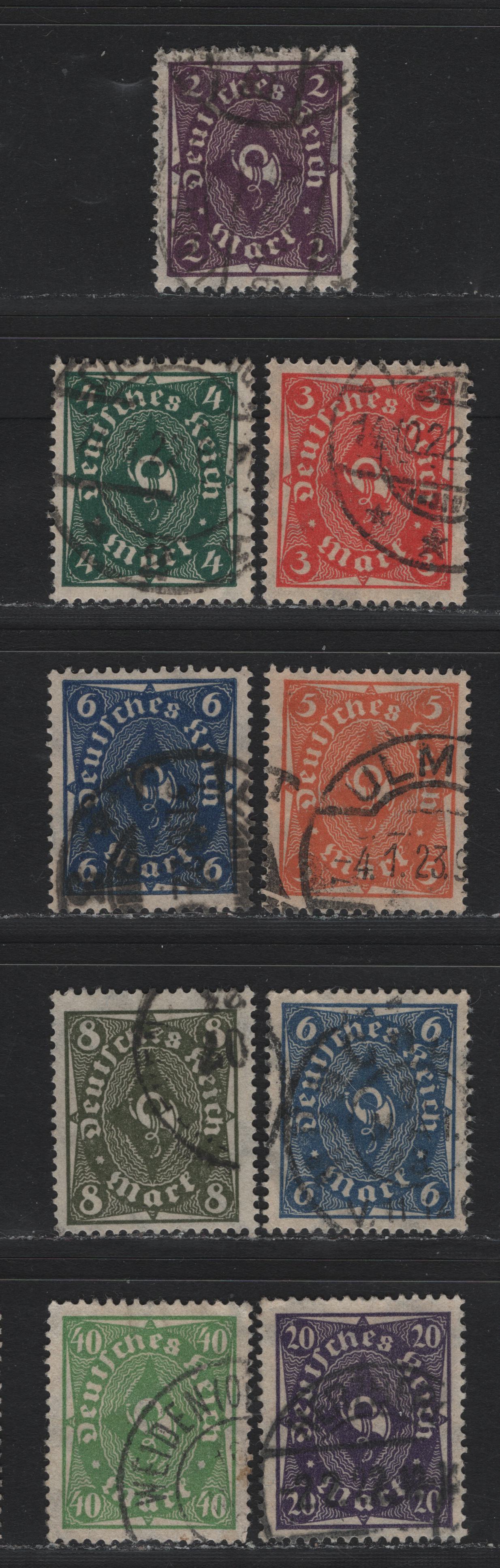 Lot 94 Germany SC#185-191, 193 (224a/232p) 2m - 40m Blue Violet - Yellow Green , 1922-1923 Posthorn Issue, 8 Fine/Very Fine Used Singles, 6m, 8m & 40m are Flate Plate Printings, 20m Is Rotary Press