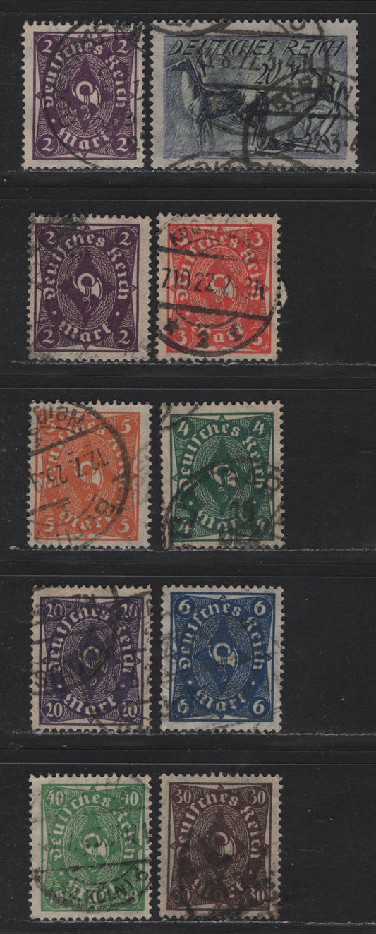 Lot 95 Germany SC#185,b, 186-189a, 191-193, 196 (224a-b, 225, 226a, 227a, 228w, 230, 231b, 232w, 196) 2m - 20m Blue Violet - Indigo & Green , 1922-1923 Posthorn Issue, 10 Fine/Very Fine Used Singles