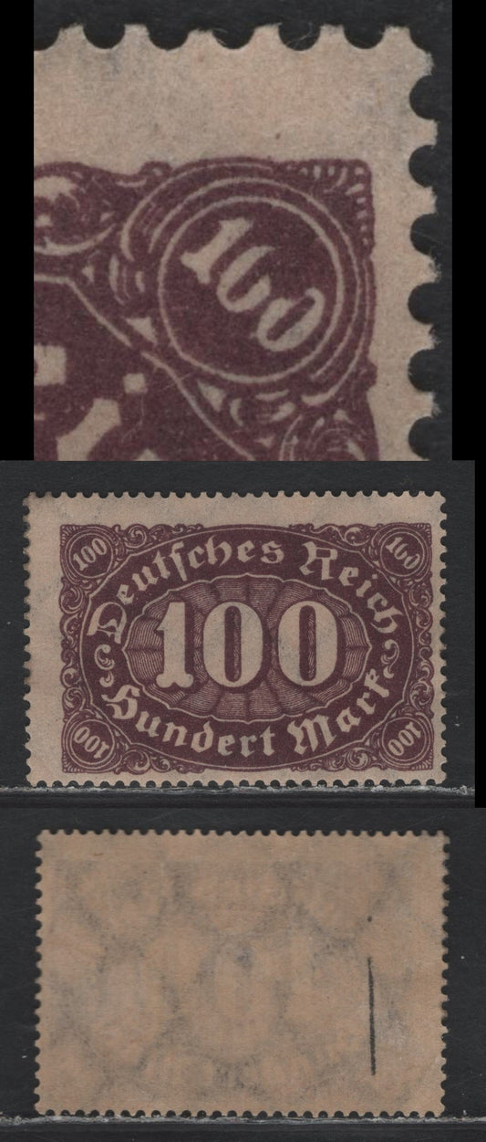 Lot 97 Germany SC#199var (247var) 100m Blackish Lilac Brown , 1923 Numeral Issue, A FOG Single, Showing Broken "0's" In 100 At UR, Unlisted In Michel, But Is Still Likely Constant.