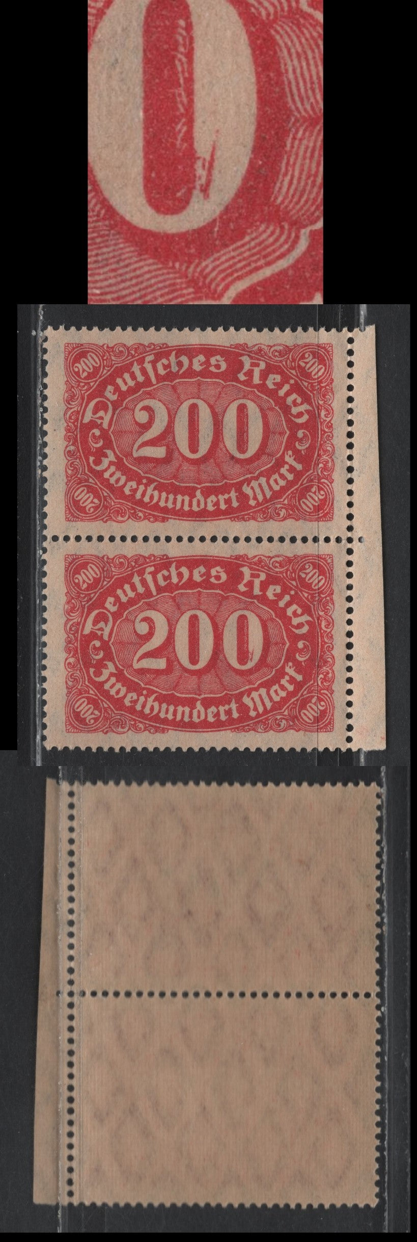 Lot 98 Germany SC#200var 200m Rose , 1923 Numeral Issue, A VFNH Right Sheet Margin Pair, Showing Unlisted Scratch In '0' of 200