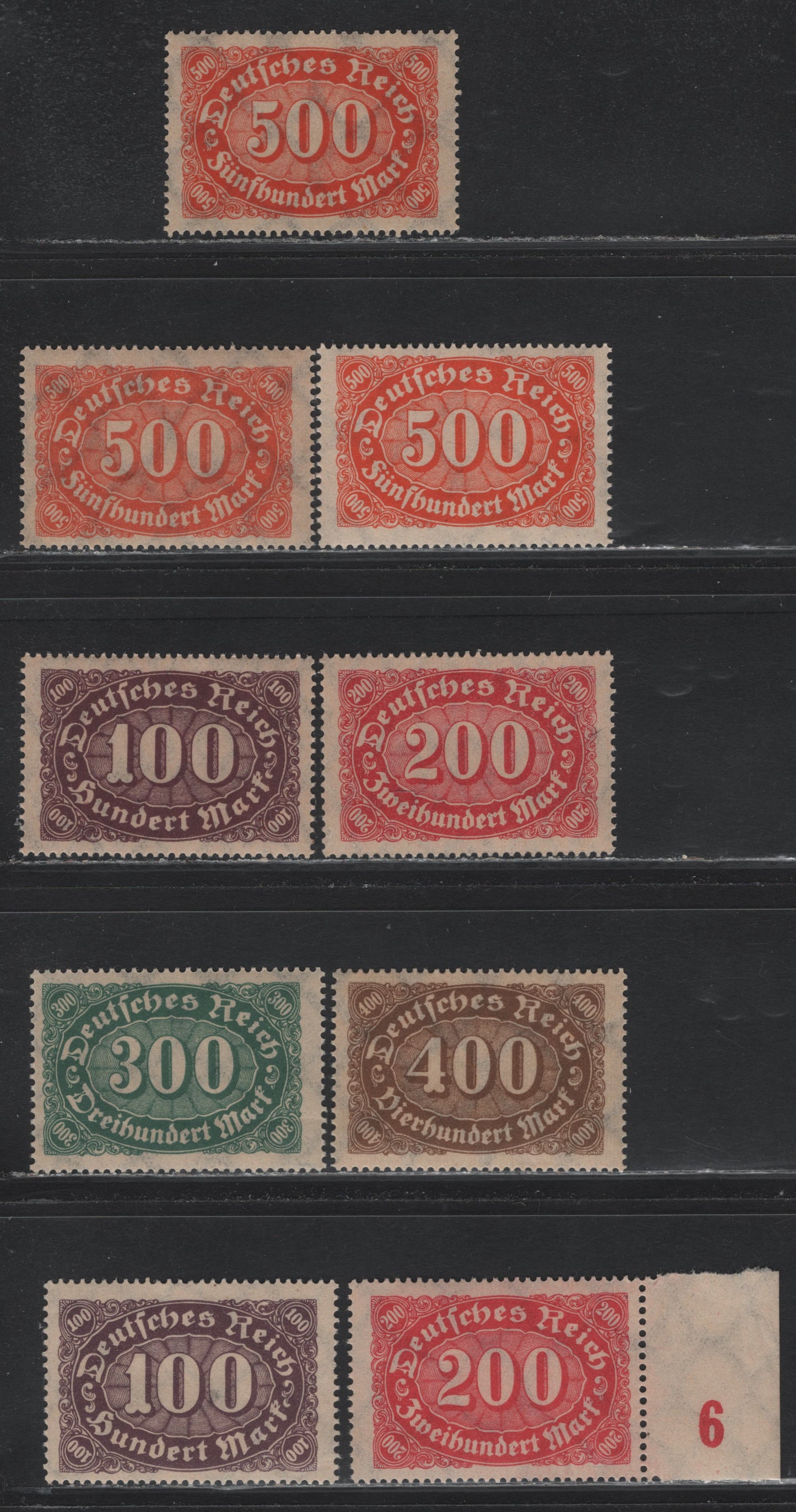 Lot 99 Germany SC#156-157, 199-203 (219-220, 247, 248a, 249-251) 100m - 500m Blackish Lilac Brown - Orange , 1921-1923 Numeral Issues, 9 F/VFNH Singles, Network Wmk, Includes Additional Shades