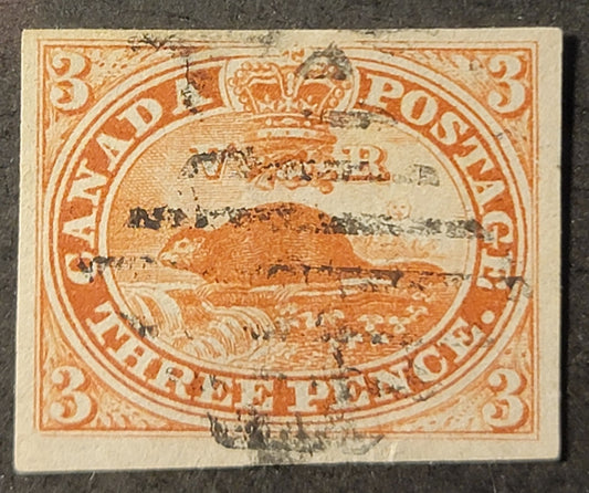 Lot 304 Canada (C) #4iii 3d Red, Beaver, Thin Hard Horizontal Ribbed Paper, 1852-1857 Pence Issue, A Fine Used Example, 4 Clear Margins, But Light Corner Crease At LR, Scarce Paper Type