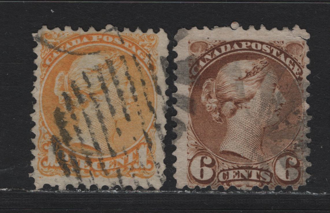 Lot 10 Canada #35vii, 39v 1c - 6c Yellow - Yellow Brown Queen Victoria, 1870-1893 Small Queen Issue, 2 Fair/Very Good Used Singles, Mid Montreal Printings, MM-B Paper, Including Rare Perf Of The 6c.