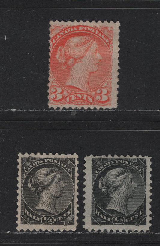 Lot 1 Canada #34, 41 1/2c - 3c Silver Black - Pale Orange Vermillion Queen Victoria, 1870-1897 Small Queen Issue, 3 Good/Very Good Unused/Regummed Singles, A Selection of Second Ottawa Printings On Different Papers & Perfs