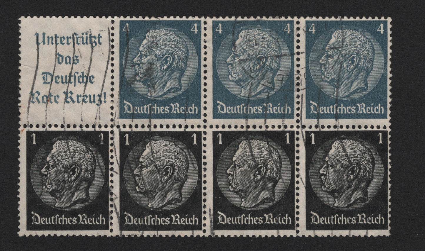 Lot 101 Germany SC#4.15a (98B) 1pf+4pf Black & Gray Blue , 1933-1936 Hindenberg Issue, A Fine Used Booklet Pane Of 7+Label
