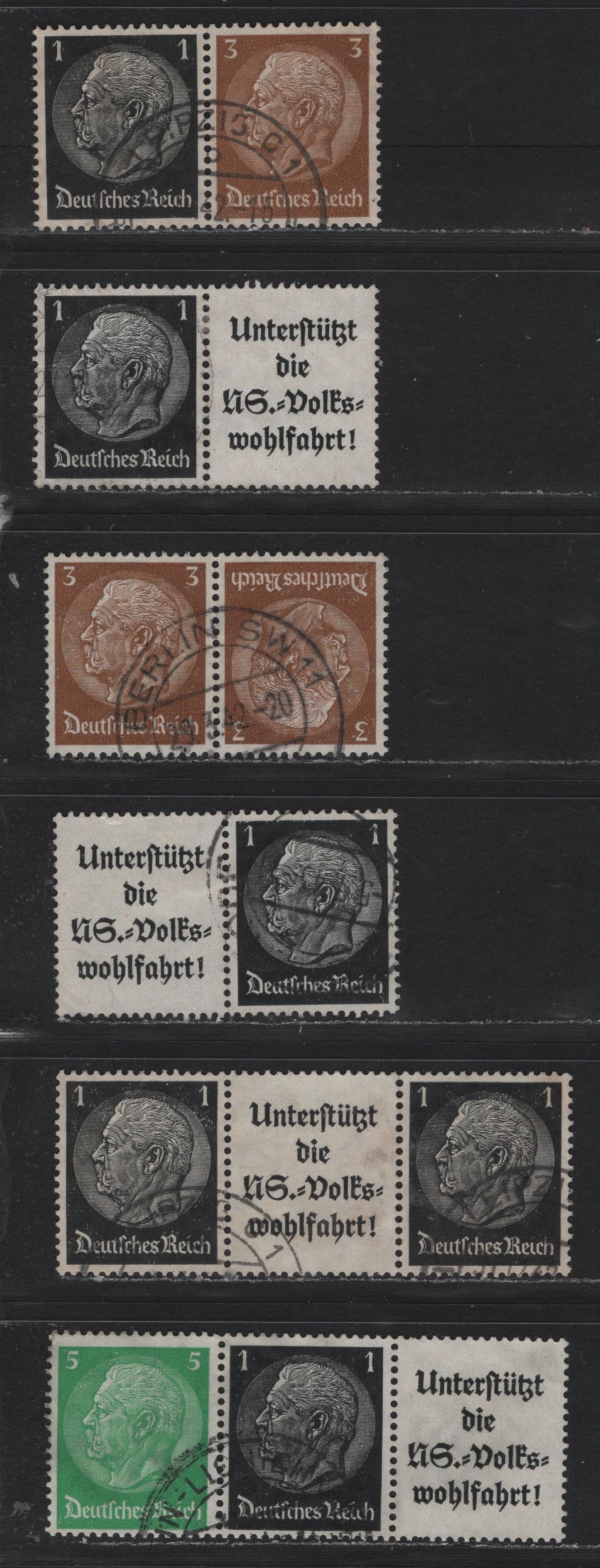 Lot 110 Germany SC#415-416 (K22, W90-93) 1pf - 3pf Black - Brown , 1933-1936 Hindenberg Issue, 6 Very Fine Used Tete-Beche Pair, Coil Pair & Coil Strip Of 3