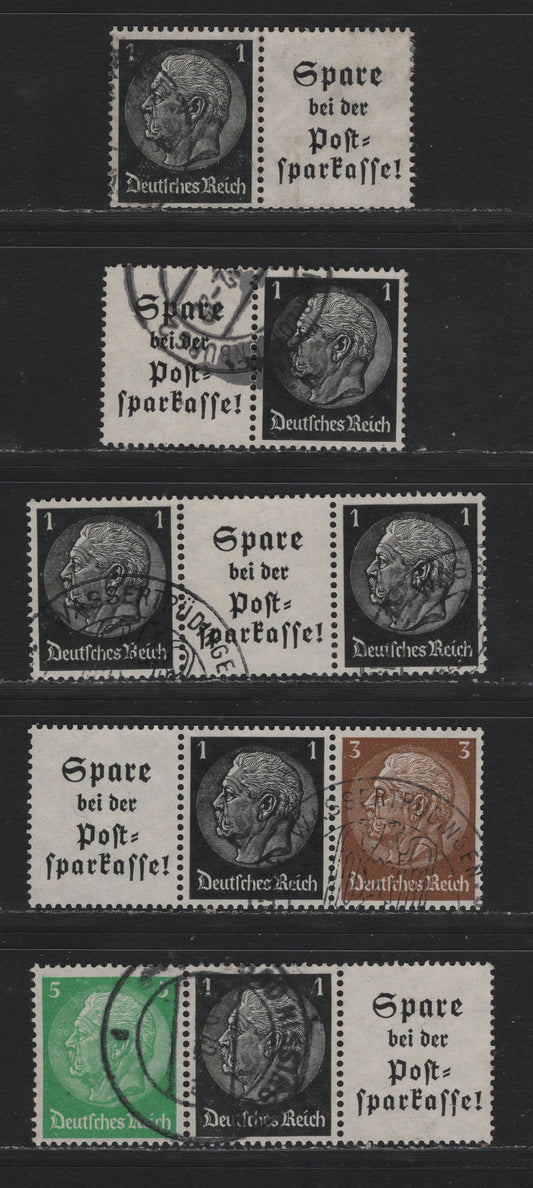 Lot 111 Germany SC#415-416, 418 (W96-W100) 1pf - 5pf Black - Emerald Green , 1933-1936 Hindenberg Issue, 5 Very Fine Used Coil Strips & Pairs