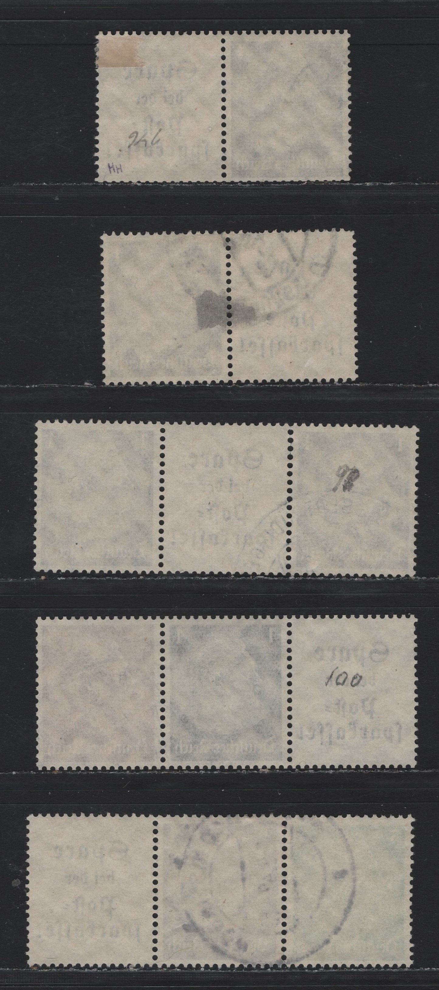 Lot 111 Germany SC#415-416, 418 (W96-W100) 1pf - 5pf Black - Emerald Green , 1933-1936 Hindenberg Issue, 5 Very Fine Used Coil Strips & Pairs
