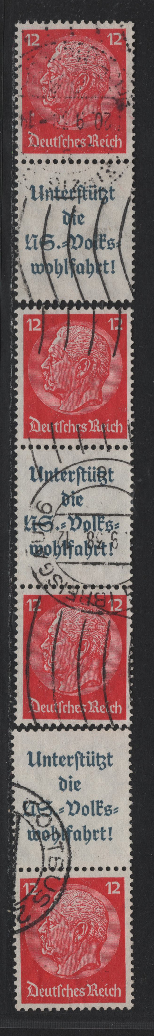 Lot 112 Germany SC#422 (S155, S157-S158) 12pf Carmine , 1933-1936 Hindenberg Issue, 3 Very Fine Used Vertical L-S & S-L Pairs and S-L-S Booklet Strip