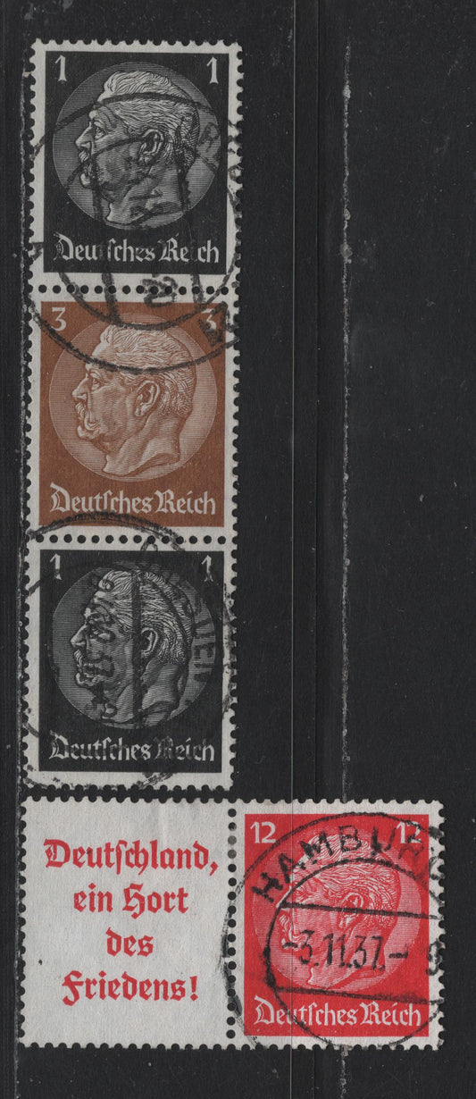 Lot 114 Germany SC#415-416, 422 (S143, S116) 1pf - 12pf Black - Carmine , 1933-1936 Hindenberg Issue, 2 Very Fine Used Horizontal L-S Booklet Pair & Vertical Booklet Strip Of 3