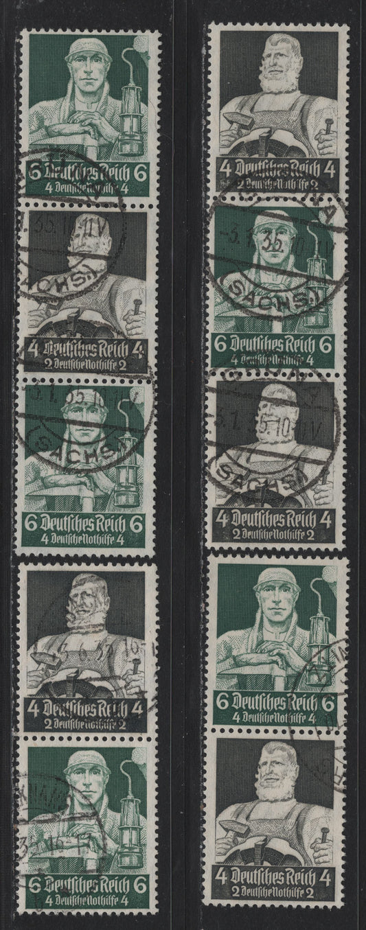 Lot 118 Germany SC#B60, B62 4pf+2pf - 6pf+4pf Black - Dull Green , 1934 Semi Postal Issue, 4 Very Fine Used Vertical Booklet Pairs & Strips Of 3