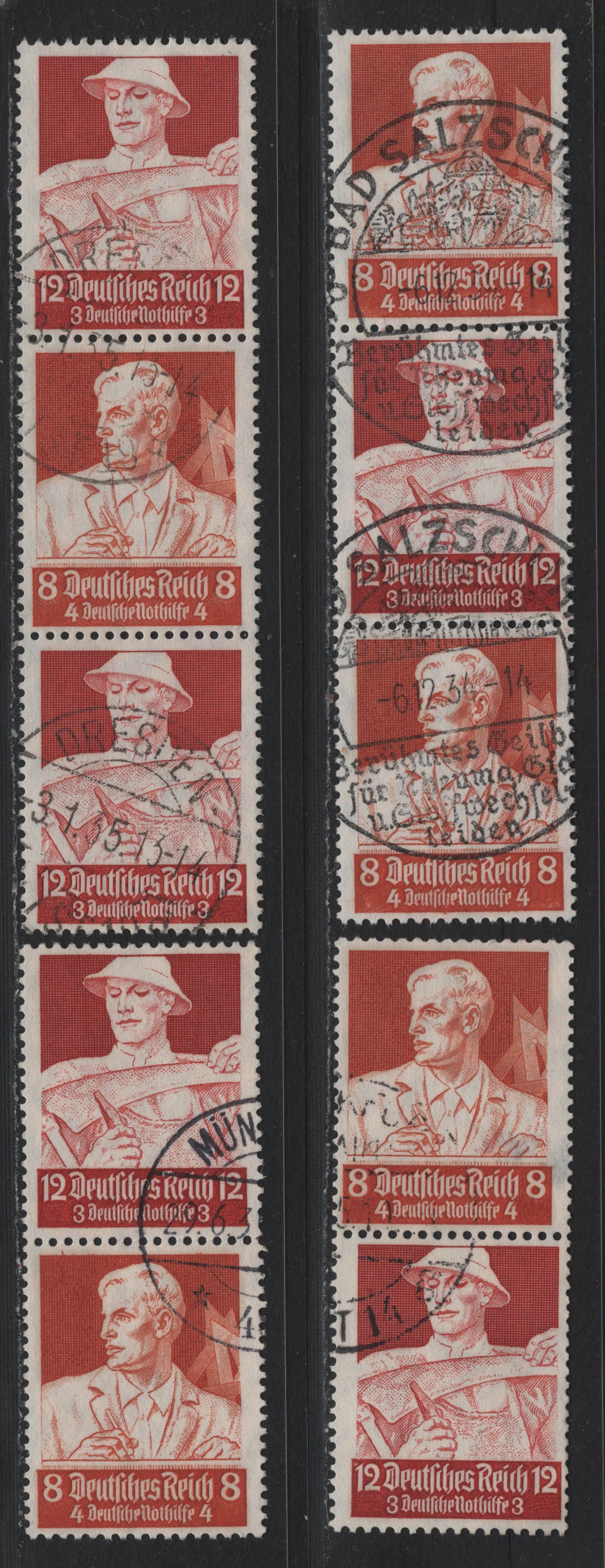 Lot 120 Germany SC#B63-B64 (S227-S230) 8pf+4pf - 12pf+3pf Orange Brown - Henna Brown , 1934 Semi Postal Issue, 4 Fine/Very Fine Used Vertical Booklet Pairs & Strip Of 3