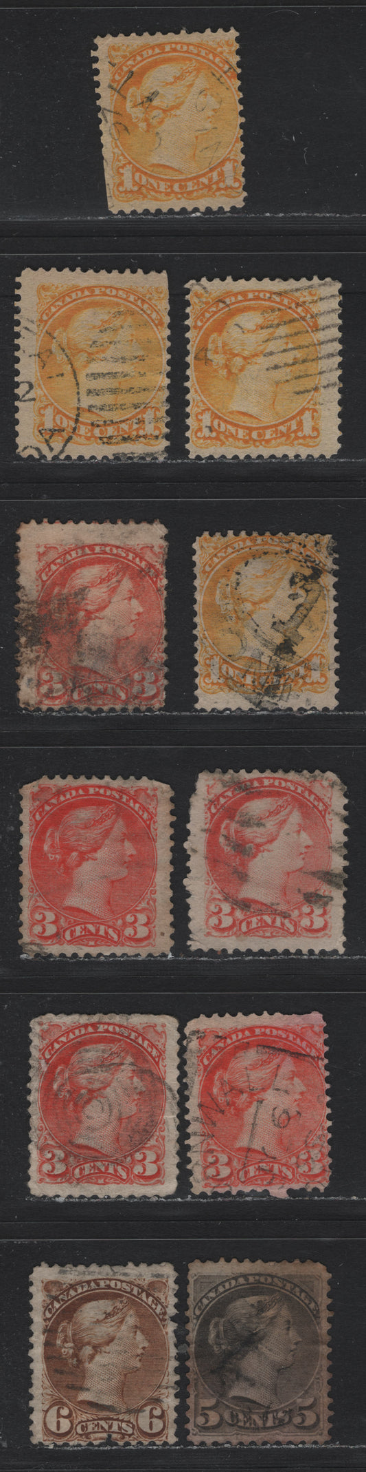 Lot 12 Canada #35, 37, 41-42, 39 1c - 6c Yellow - Yellow Brown Queen Victoria, 1870-1897 Small Queen Issue, 11 Ungraded Singles, Faulty 2nd Ottawa & Montreal Printings, Unchecked As To Paper & Perfs