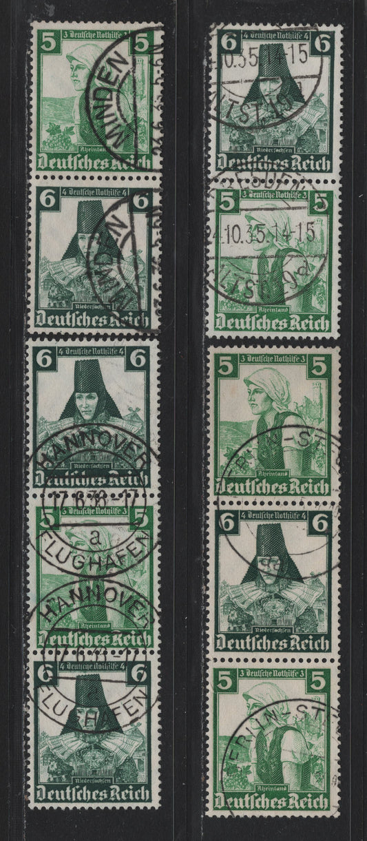 Lot 123 Germany SC#B71-B72 (S231-S234) 5pf+3pf - 6pf+4pf Emerald - Dark Green , 1935 Costumes Semi Postal Issue, 4 Very Fine Used Vertical Booklet Pairs & Strip Of 3