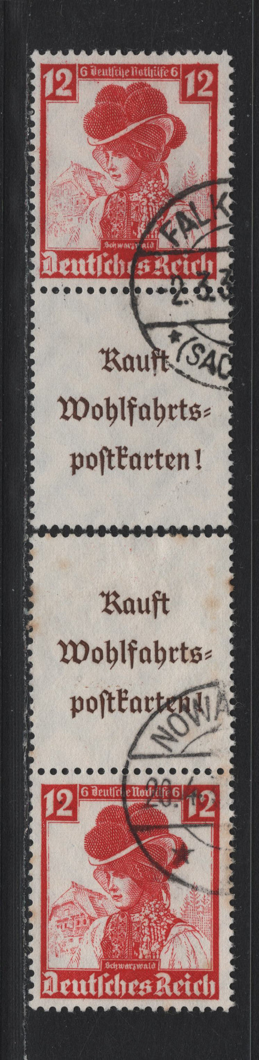 Lot 125 Germany SC#B74 (S239, S241) 12pf+6pf Carmine , 1935 Costumes Semi Postal Issue, 2 Fine Used Vertical L-S & S-L Booklet Pairs, Some Minor Toning On The L-S Pair