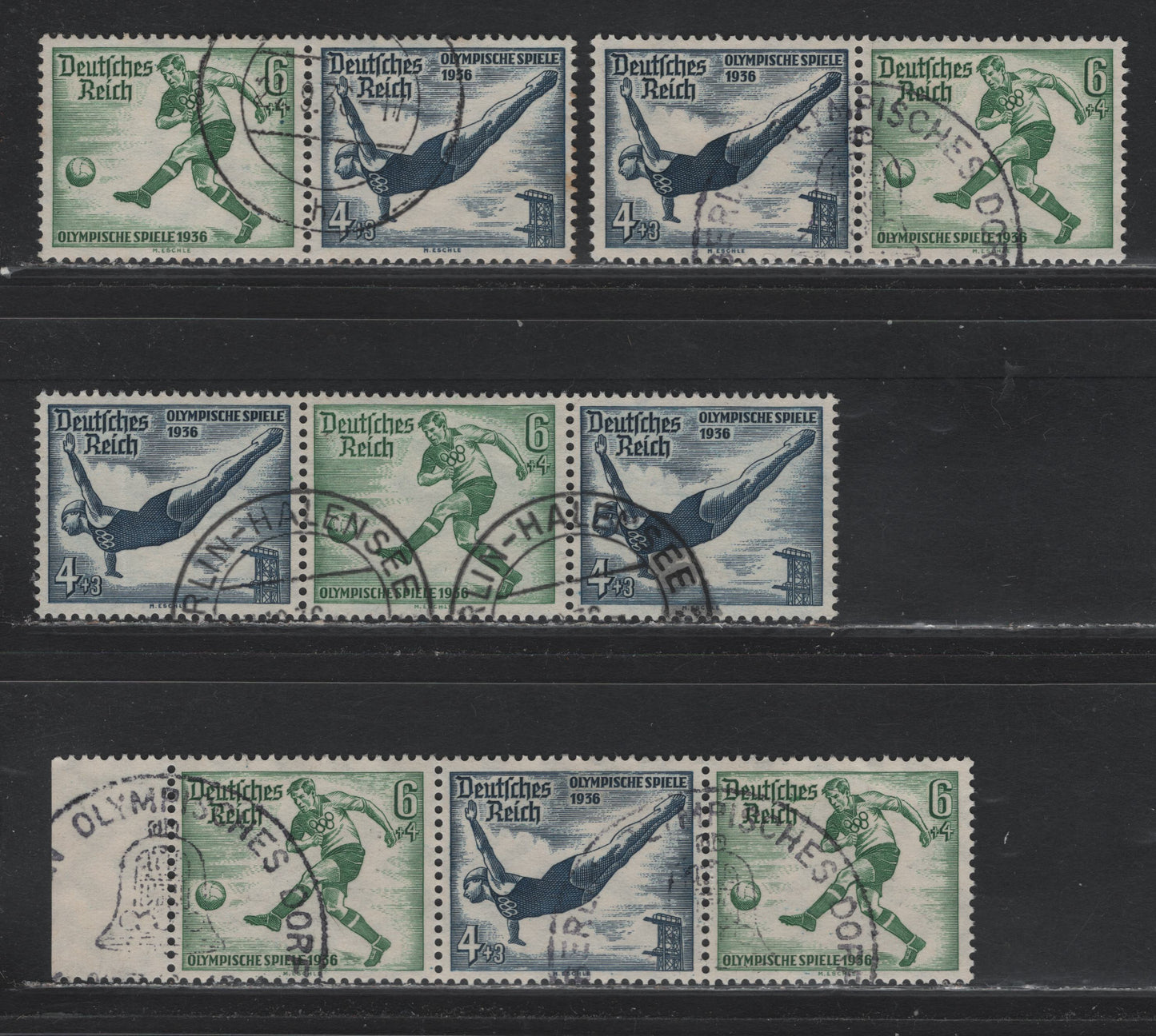 Lot 128 Germany SC#B83-B84 4pf+3pf - 6pf+4pf Indigo - Green , 1936 Berlin Olympic Games Issue, 4 Very Fine Used Horizontal Booklet Pairs & Strips, Minor Tone Spot On 1 Pair