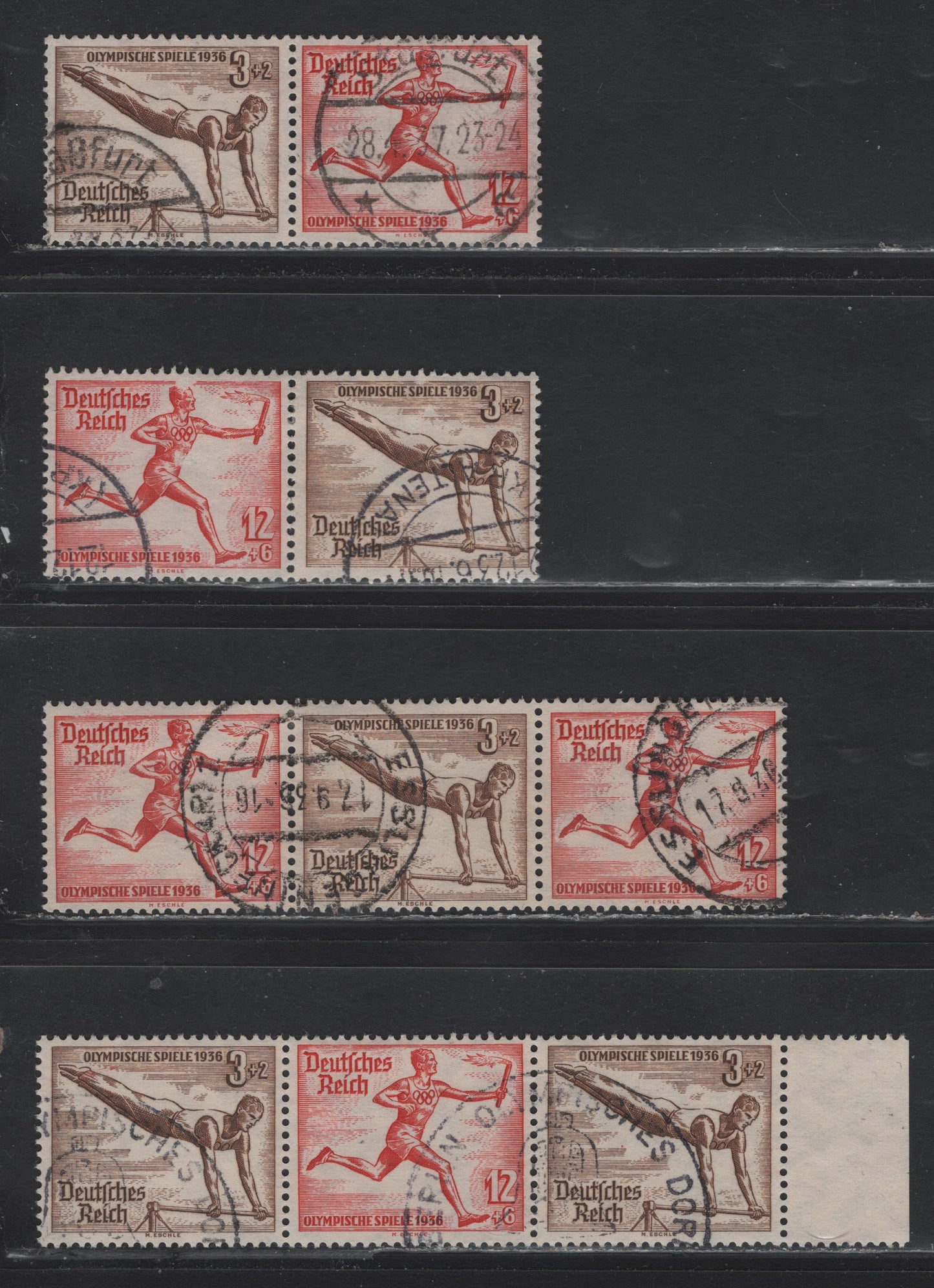 Lot 129 Germany SC#B82, B86 3pf+2pf - 12pf+6pf Brown - Carmine , 1936 Berlin Olympic Games Issue, 4 Very Fine Used Horizontal Booklet Pairs & Strips