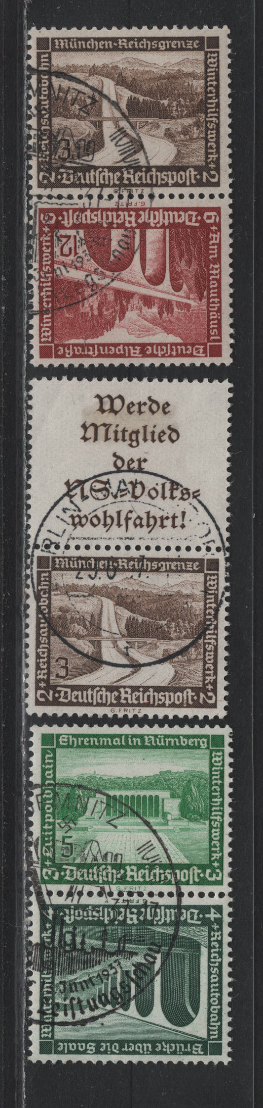 Lot 130 Germany SC#B93, B95-B96, B98 3pf+2pf - 12pf+6pf Brown - Brown Carmine , 1936 Architecture Semi Postal Issue, 3 Very Fine Used Vertical L-S & Tete-Beche Booklet Pairs, Tete-Beche Pairs Are CTO With Full NH Gum