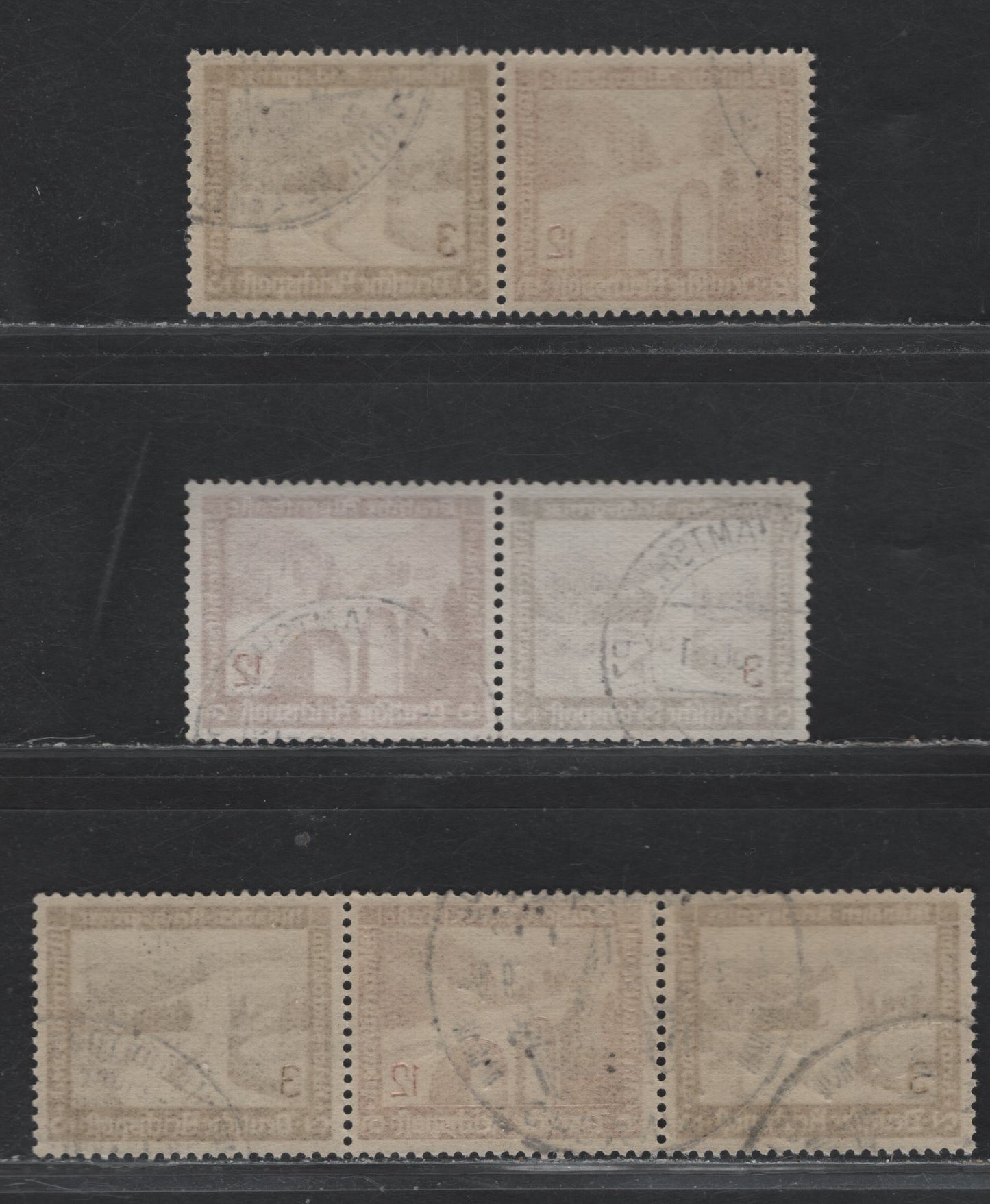 Lot 133 Germany SC#B93, B98 (W115-W117) 3pf+2pf - 12pf+6pf Black Brown - Brown Carmine , 1936 Architecture Semi Postal Issue, 3 Very Fine Used Horizontal Booklet Pairs & Strips, All Except 1 Pair Are CTO With Full NH Gum