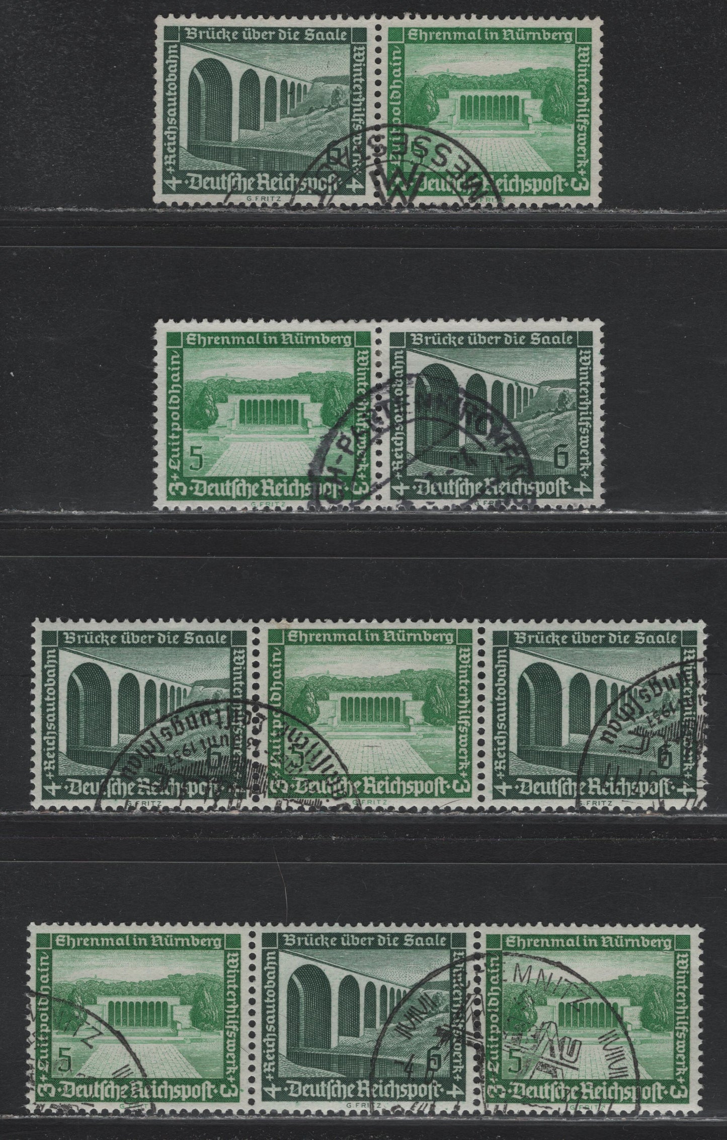 Lot 134 Germany SC#B95-B96 (W119-W122) 5pf+3pf - 6pf+4pf Yellow/Emerald Green - Dark Green , 1936 Architecture Semi Postal Issue, 4 Very Fine Used Horizontal Booklet Pairs & Strips, Strips Have Full NH Gum & Are Yellow Green