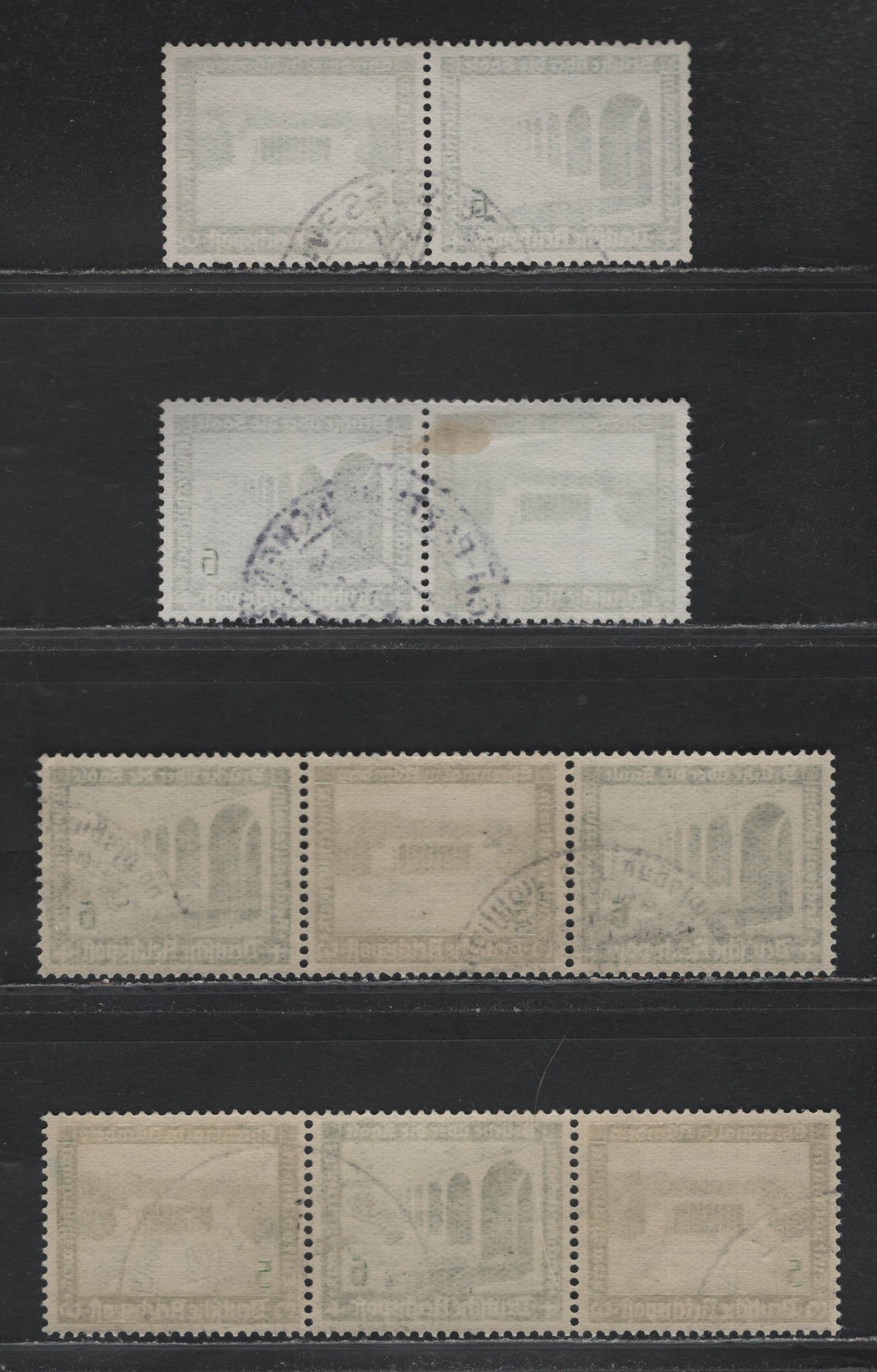 Lot 134 Germany SC#B95-B96 (W119-W122) 5pf+3pf - 6pf+4pf Yellow/Emerald Green - Dark Green , 1936 Architecture Semi Postal Issue, 4 Very Fine Used Horizontal Booklet Pairs & Strips, Strips Have Full NH Gum & Are Yellow Green