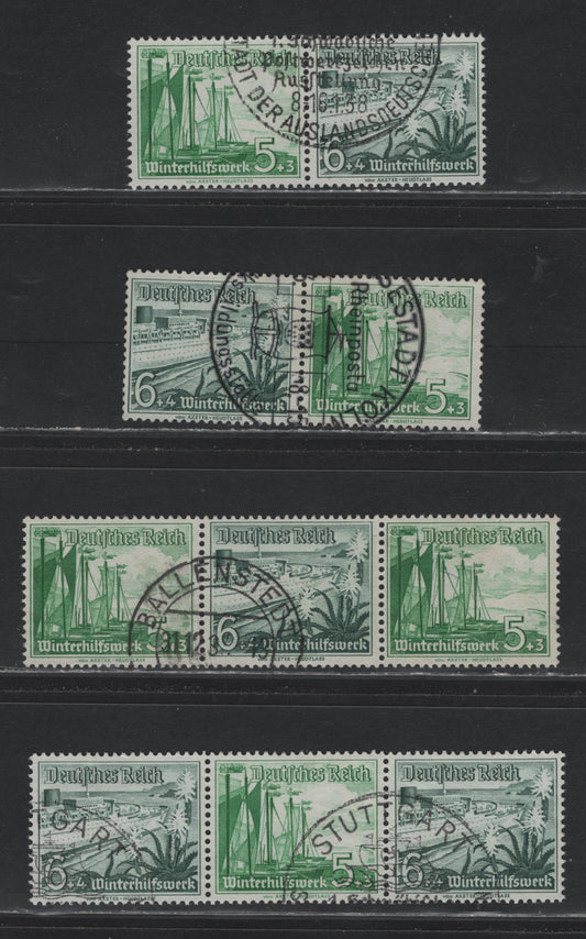 Lot 137 Germany SC#B109-B110 (W123-W126) 5pf+3pf - 6pf+4pf Yellow Green - Dark Green , 1937 Ships Semi Postal Issue, 4 Very Fine Used Horizontal Booklet Pairs & Strips