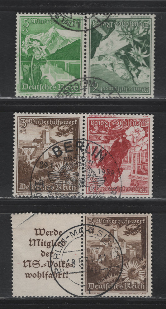 Lot 140 Germany SC#B123-/B126 (K33-K34, W135) 3pf+2pf - 12pf+6pf Olive Brown - Dark Carmine , 1938 Winter Help Semi Postal Issue, 3 Very Fine Used Tete-Beche Booklet Pairs & Horizontal L-S Booklet Pair