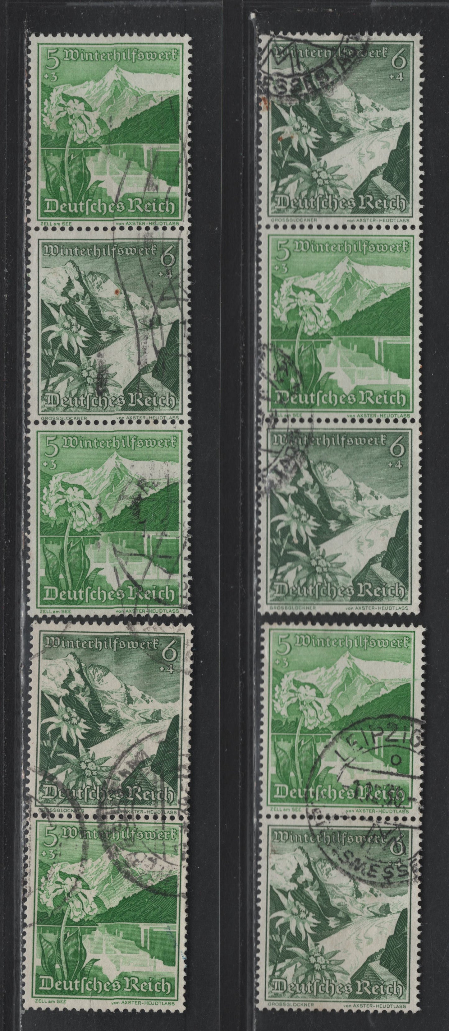 Lot 141 Germany SC#B125-B126 (S245-S248) 5pf+3pf - 6pf+4pf Emerald - Dark Green , 1938 Winter Help Semi Postal Issue, 4 Very Fine Used Vertical Booklet Pairs & Strips